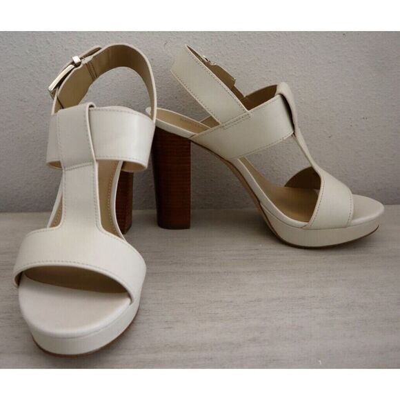 Michael Michael Kors Women Sz 8M Light Cream Becker T-Strap Block Heels SIB - Picture 1 of 11